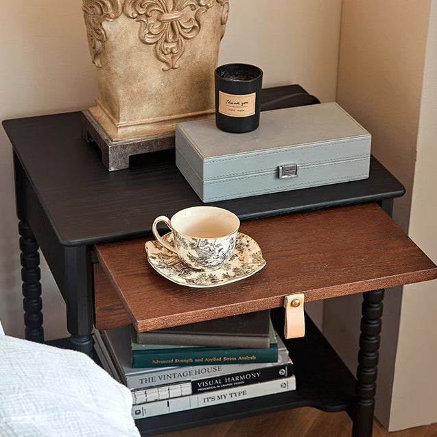 Chevet Vintage Traditionnel en Bois Massif Ondulé Carré Cylindre à 2 Niveaux pour Chambre 