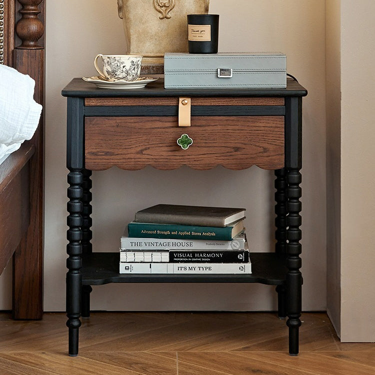 Chevet Vintage Traditionnel en Bois Massif Ondulé Carré Cylindre à 2 Niveaux pour Chambre 