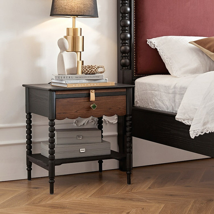 Chevet Vintage Traditionnel en Bois Massif Ondulé Carré Cylindre à 2 Niveaux pour Chambre 
