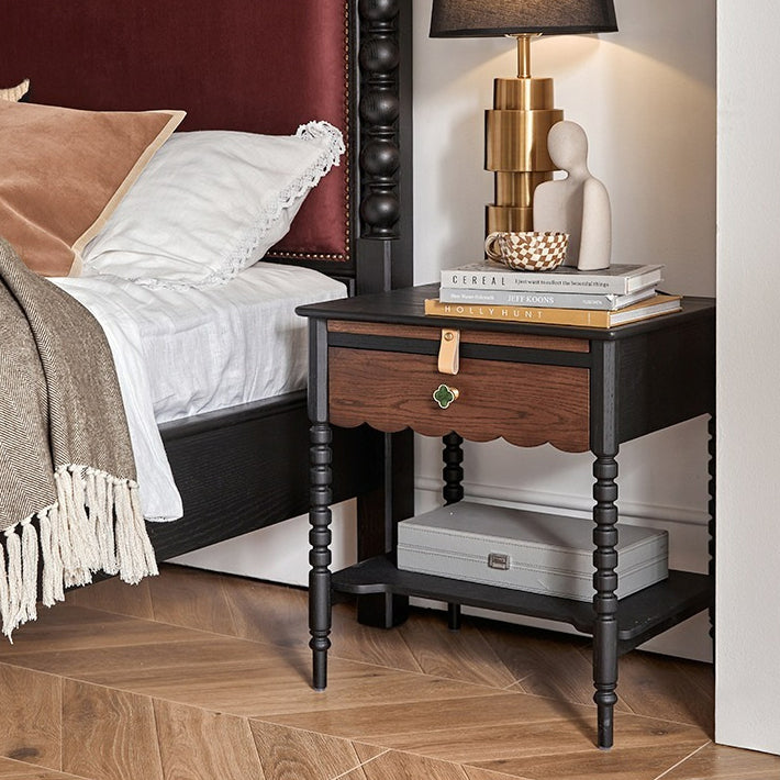 Chevet Vintage Traditionnel en Bois Massif Ondulé Carré Cylindre à 2 Niveaux pour Chambre 