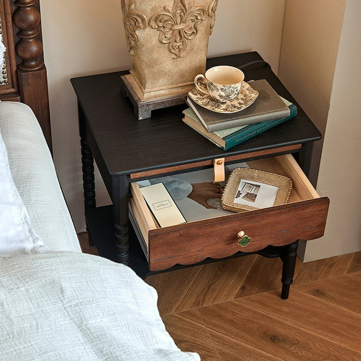 Chevet Vintage Traditionnel en Bois Massif Ondulé Carré Cylindre à 2 Niveaux pour Chambre 