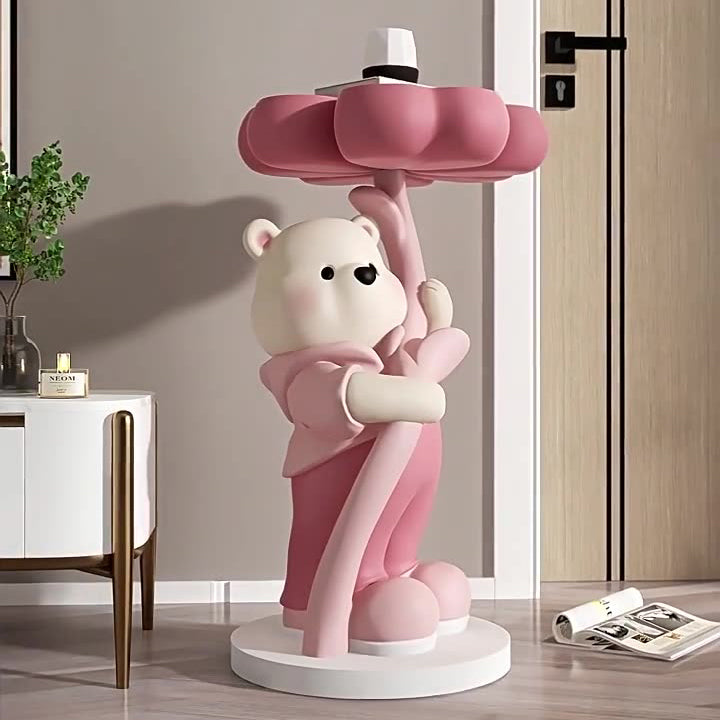 モダンアールデコ樹脂ファイバーグラスカートゥーンベアクローバーエンドテーブル1段リビングルーム用 