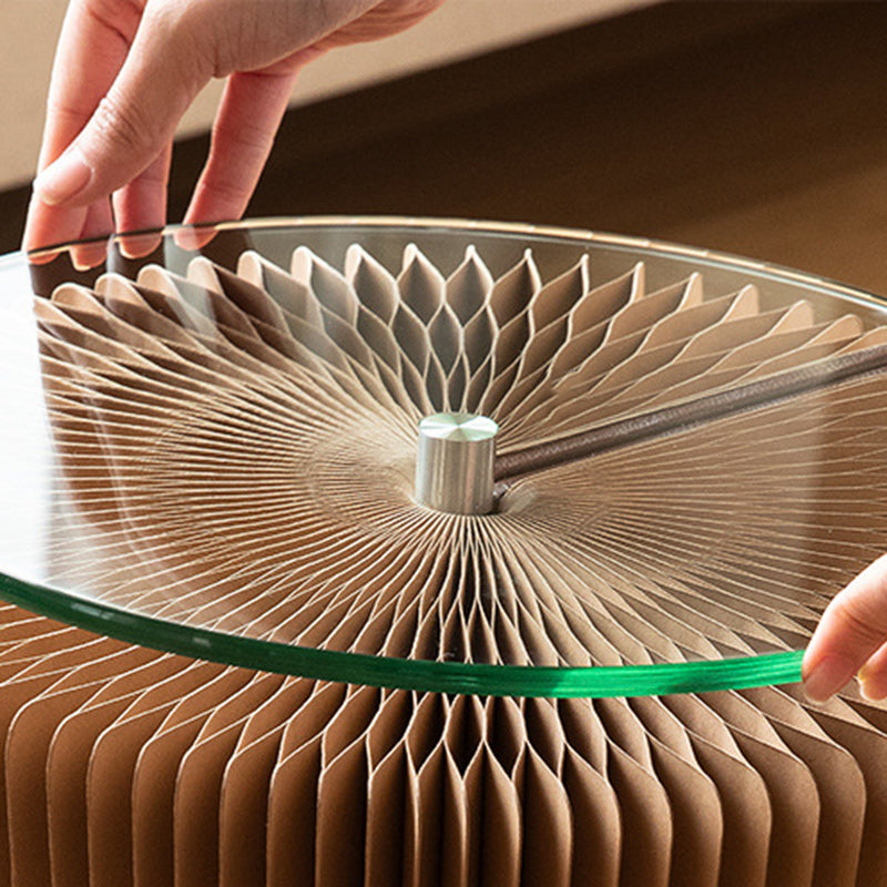 Zeitgenössischer kreativer Tisch aus gehärtetem Glas mit Papiertütenform, runder Endtisch, 1-stufig für das Wohnzimmer 