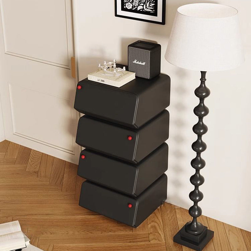 Table de nuit carrée vintage en faux cuir français, bois massif et métal avec 4 tiroirs pour chambre 
