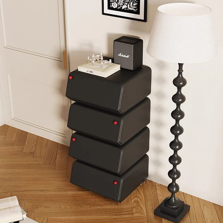 Table de nuit carrée vintage en faux cuir français, bois massif et métal avec 4 tiroirs pour chambre 