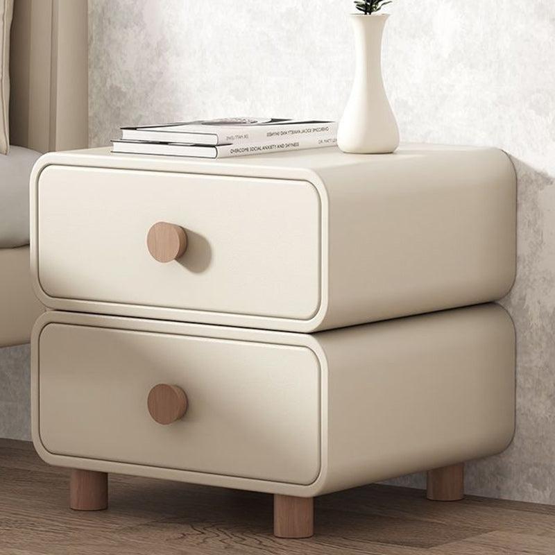 Table de chevet moderne minimaliste en faux cuir et bois massif arrondi avec 2 tiroirs pour chambre 