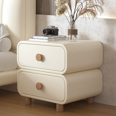 Table de chevet moderne minimaliste en faux cuir et bois massif arrondi avec 2 tiroirs pour chambre 