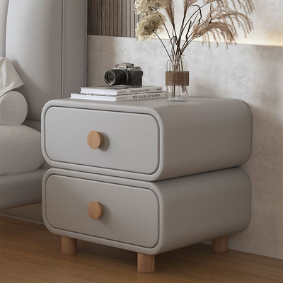 Table de chevet moderne minimaliste en faux cuir et bois massif arrondi avec 2 tiroirs pour chambre 