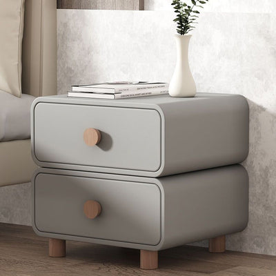 Table de chevet moderne minimaliste en faux cuir et bois massif arrondi avec 2 tiroirs pour chambre 