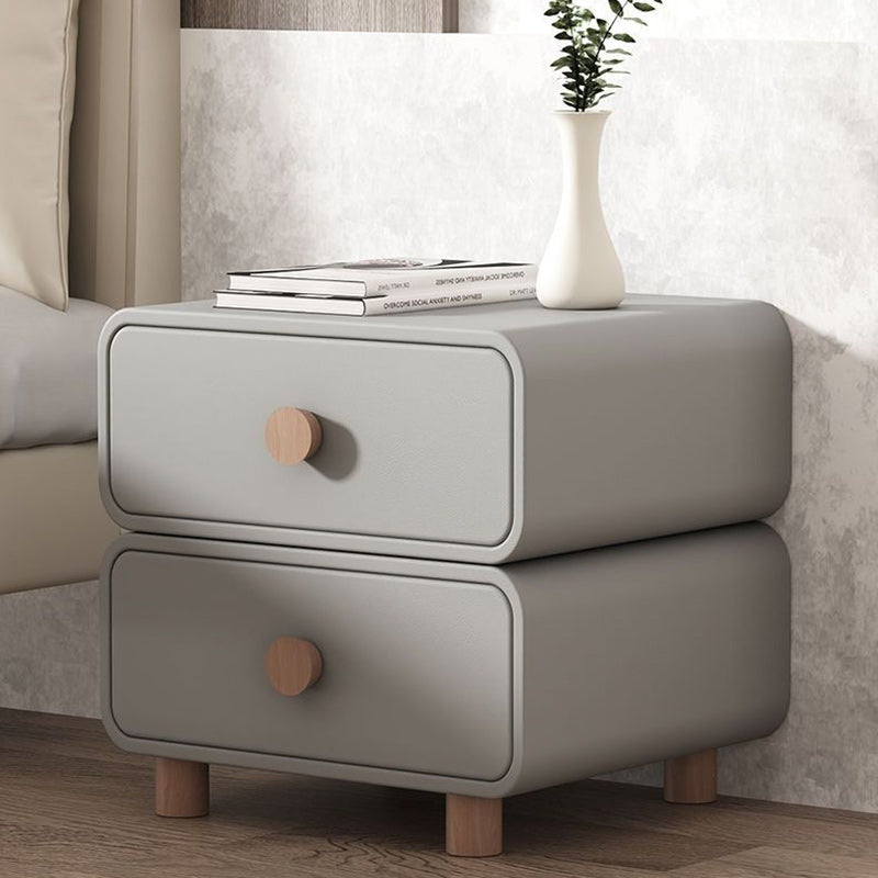Table de chevet moderne minimaliste en faux cuir et bois massif arrondi avec 2 tiroirs pour chambre 