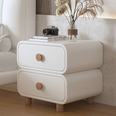 Table de chevet moderne minimaliste en faux cuir et bois massif arrondi avec 2 tiroirs pour chambre 