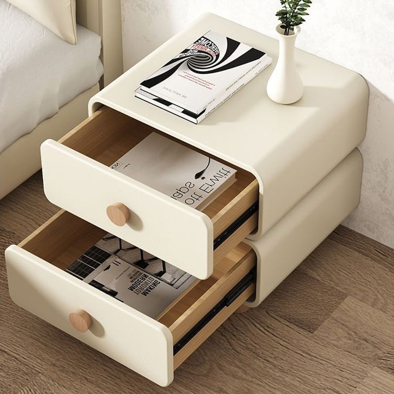 Table de chevet moderne minimaliste en faux cuir et bois massif arrondi avec 2 tiroirs pour chambre 
