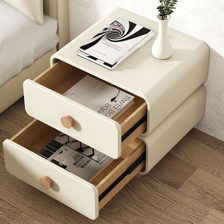Table de chevet moderne minimaliste en faux cuir et bois massif arrondi avec 2 tiroirs pour chambre 