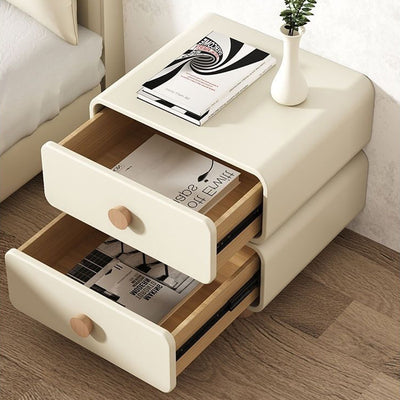 Table de chevet moderne minimaliste en faux cuir et bois massif arrondi avec 2 tiroirs pour chambre 