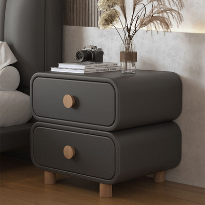 Table de chevet moderne minimaliste en faux cuir et bois massif arrondi avec 2 tiroirs pour chambre 