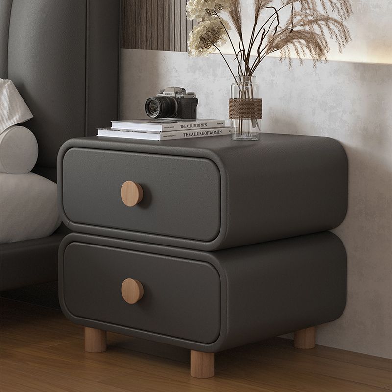 Table de chevet moderne minimaliste en faux cuir et bois massif arrondi avec 2 tiroirs pour chambre 