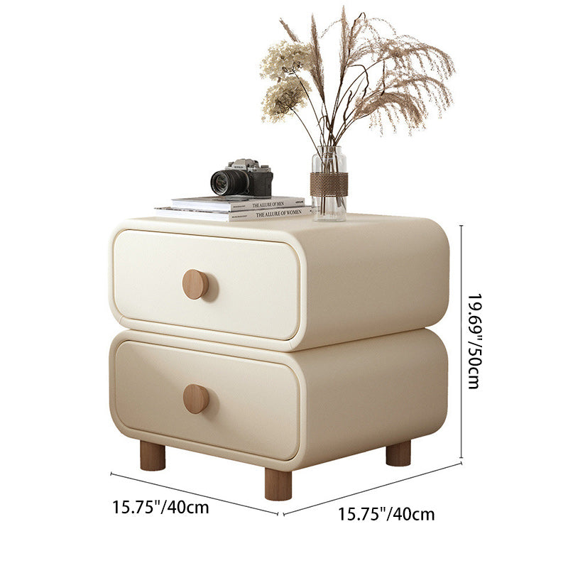 Table de chevet moderne minimaliste en faux cuir et bois massif arrondi avec 2 tiroirs pour chambre 