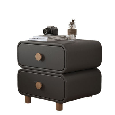 Table de chevet moderne minimaliste en faux cuir et bois massif arrondi avec 2 tiroirs pour chambre 