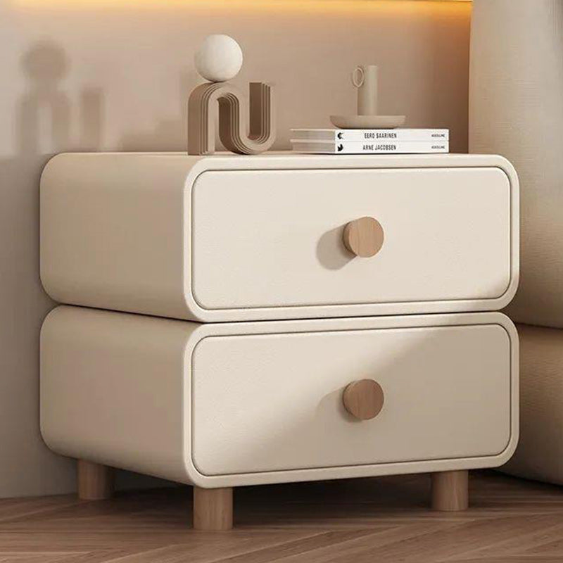 Table de chevet moderne minimaliste en faux cuir et bois massif arrondi avec 2 tiroirs pour chambre 
