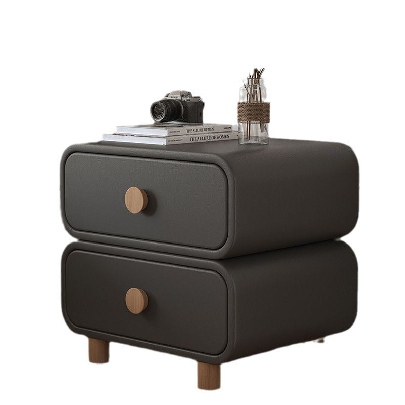Table de chevet moderne minimaliste en faux cuir et bois massif arrondi avec 2 tiroirs pour chambre 