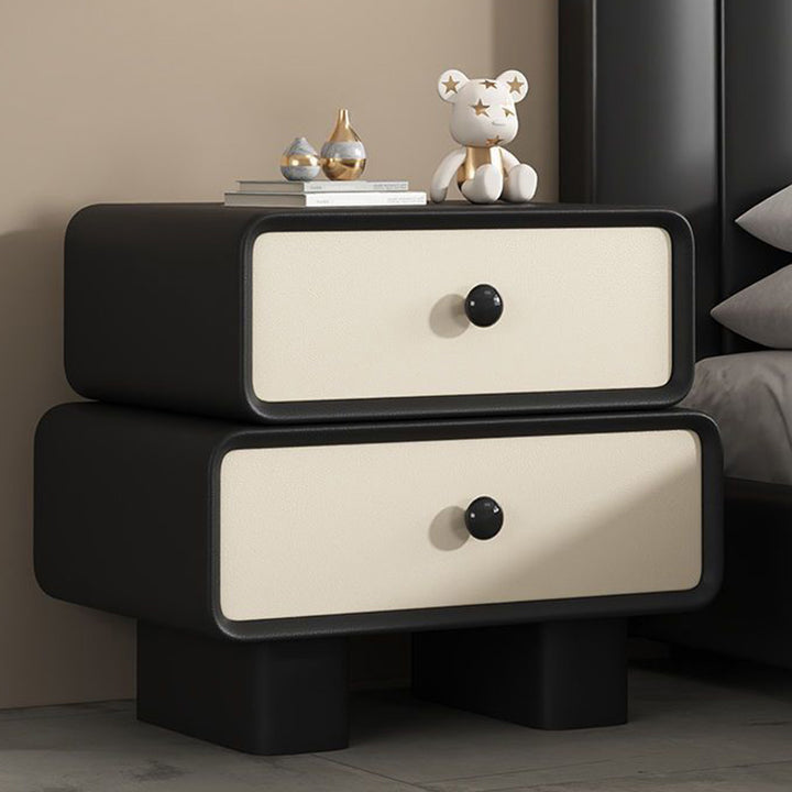 Table de nuit cylindrique empilée en bois massif avec cuir synthétique minimaliste moderne avec 2 tiroirs pour chambre 