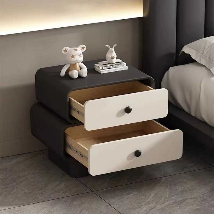 Table de nuit cylindrique empilée en bois massif avec cuir synthétique minimaliste moderne avec 2 tiroirs pour chambre 