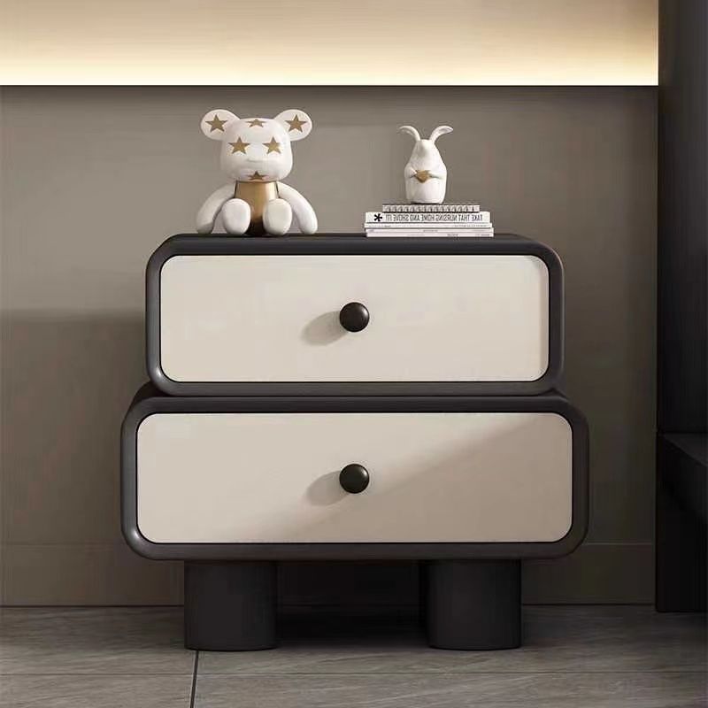 Table de nuit cylindrique empilée en bois massif avec cuir synthétique minimaliste moderne avec 2 tiroirs pour chambre 