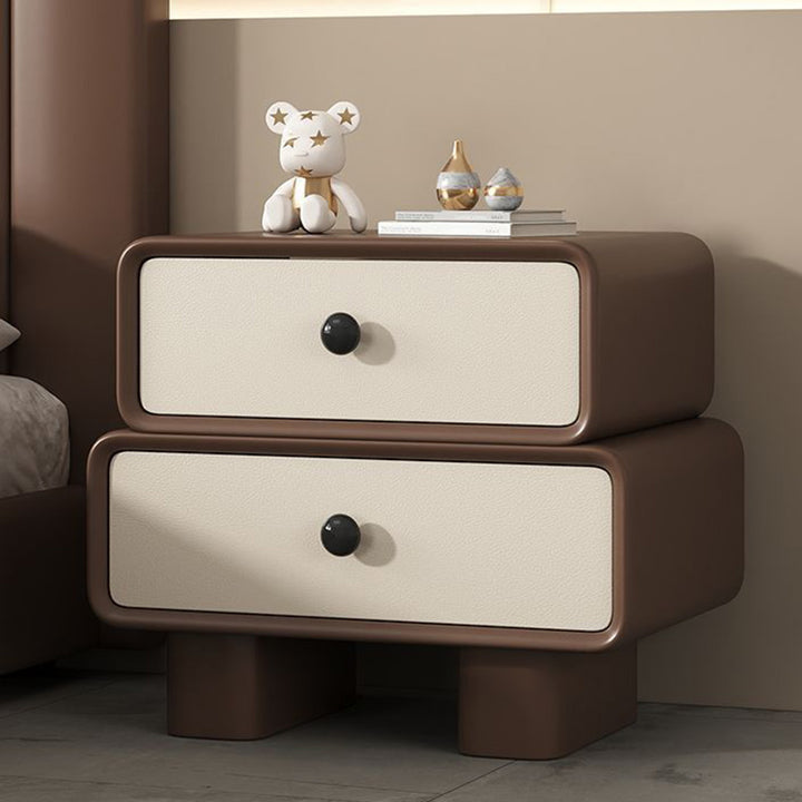 Table de nuit cylindrique empilée en bois massif avec cuir synthétique minimaliste moderne avec 2 tiroirs pour chambre 