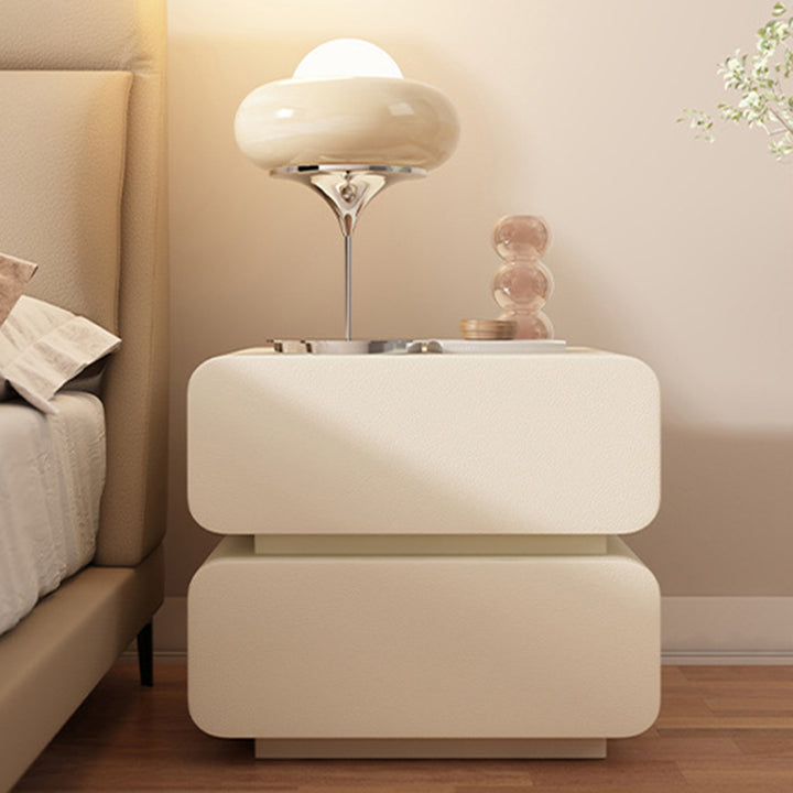 Modern Minimalist Solid Wood Faux Leather Metal Rounded Nightstand With 2 Drawers For Bedroom