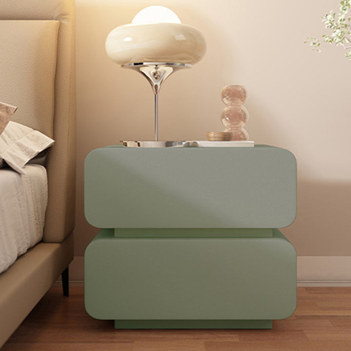 Modern Minimalist Solid Wood Faux Leather Metal Rounded Nightstand With 2 Drawers For Bedroom