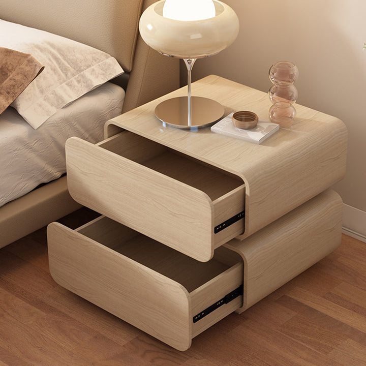 Modern Minimalist Solid Wood Faux Leather Metal Rounded Nightstand With 2 Drawers For Bedroom
