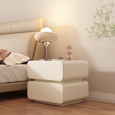 Table de chevet moderne minimaliste en bois massif avec simili cuir et métal arrondi avec 2 tiroirs pour chambre 