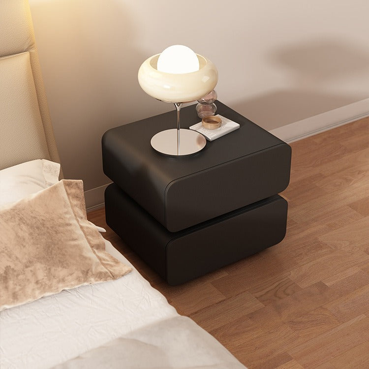 Table de chevet moderne minimaliste en bois massif avec simili cuir et métal arrondi avec 2 tiroirs pour chambre 