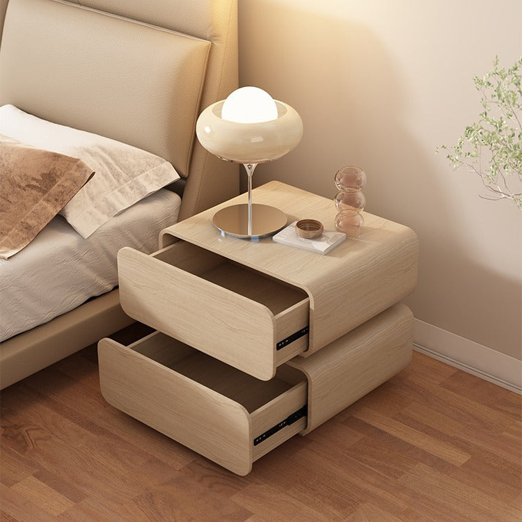 Table de chevet moderne minimaliste en bois massif avec simili cuir et métal arrondi avec 2 tiroirs pour chambre 