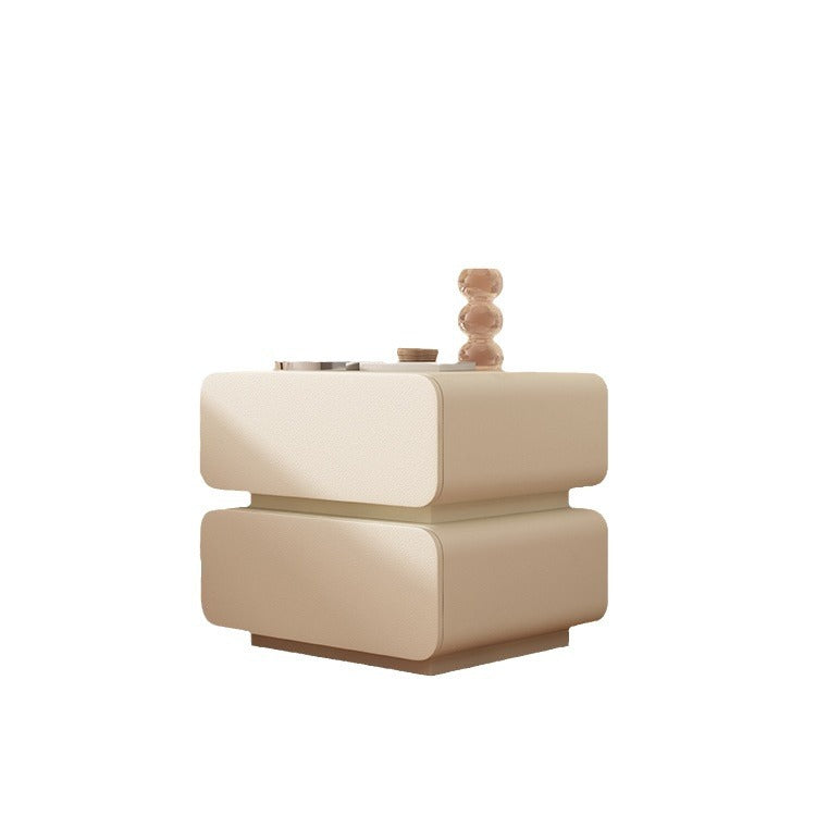 Table de chevet moderne minimaliste en bois massif avec simili cuir et métal arrondi avec 2 tiroirs pour chambre 