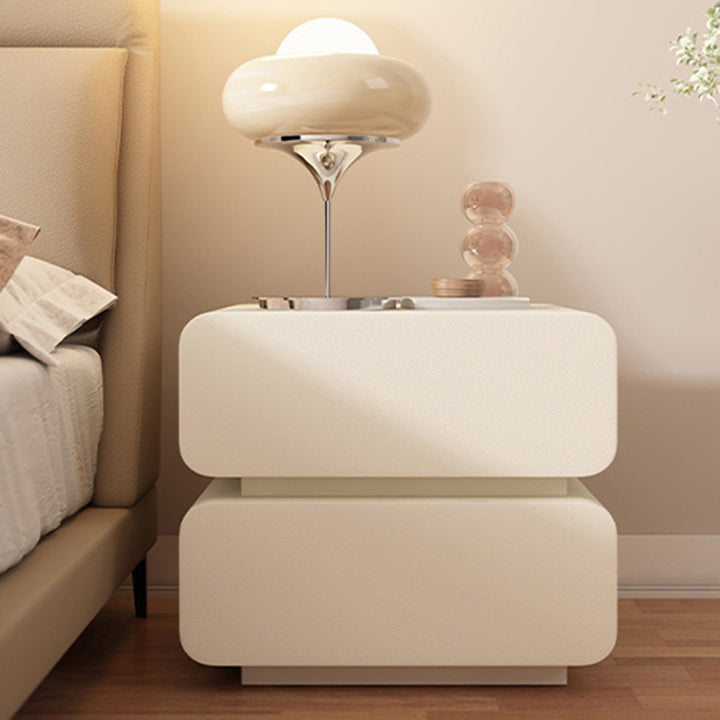 Modern Minimalist Solid Wood Faux Leather Metal Rounded Nightstand With 2 Drawers For Bedroom