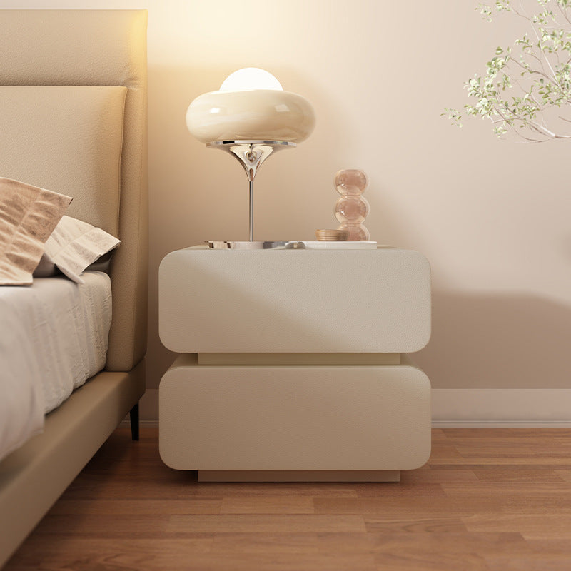 Modern Minimalist Solid Wood Faux Leather Metal Rounded Nightstand With 2 Drawers For Bedroom