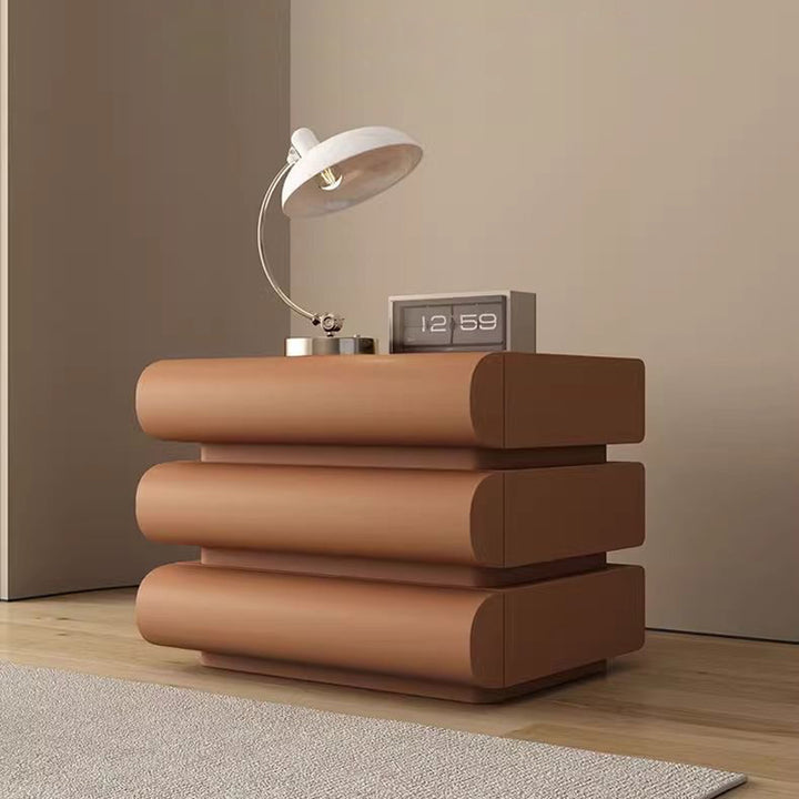 Contemporary Creative Faux Leather Solid Wood Metal Semi-Round Square Nightstand With 3 Drawers For Bedroom