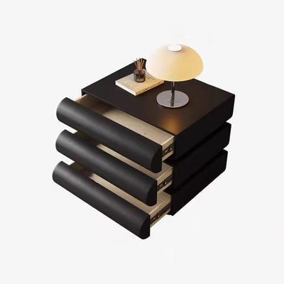 Table de nuit moderne en faux cuir de luxe avec courbes en bois massif et métal avec 3 tiroirs pour chambre 