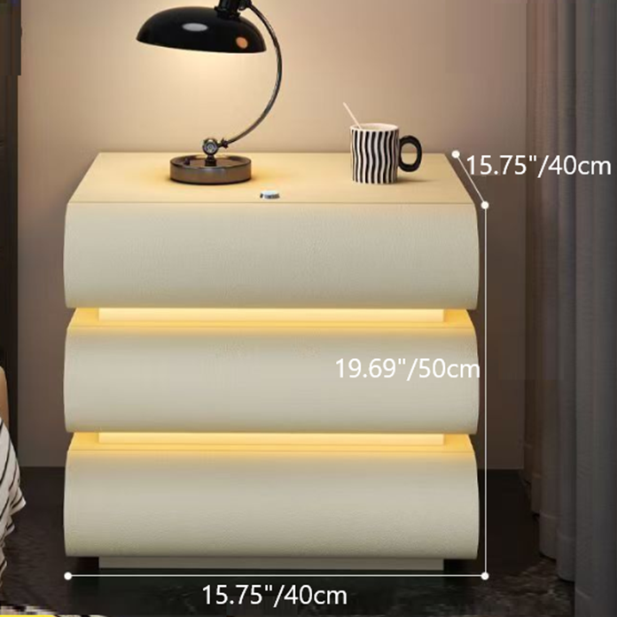 Table de nuit moderne en faux cuir de luxe avec courbes en bois massif et métal avec 3 tiroirs pour chambre 