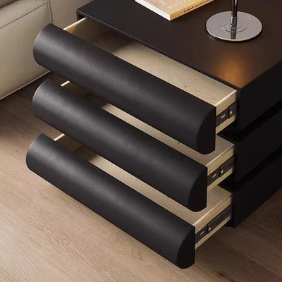Table de nuit moderne en faux cuir de luxe avec courbes en bois massif et métal avec 3 tiroirs pour chambre 