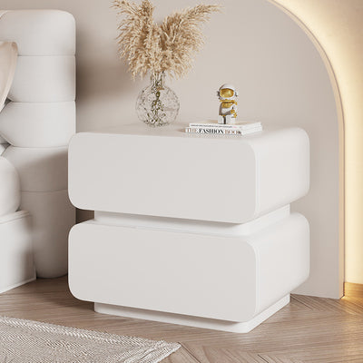 Table de chevet moderne minimaliste en faux cuir doux et bois massif arrondi avec 2 tiroirs pour chambre 