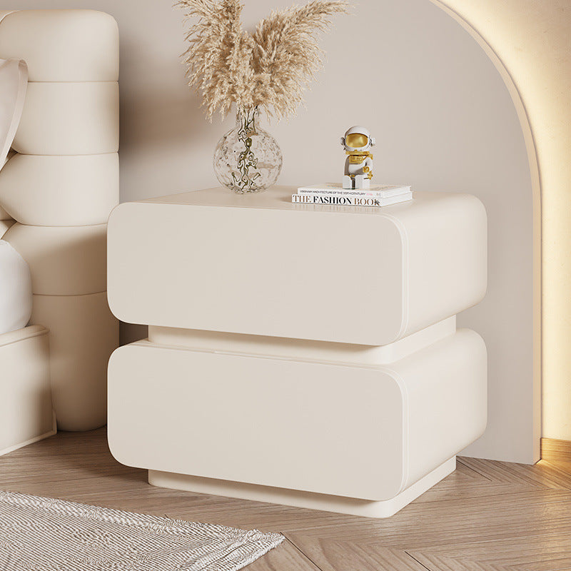 Table de chevet moderne minimaliste en faux cuir doux et bois massif arrondi avec 2 tiroirs pour chambre 
