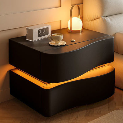 Table de chevet contemporaine en cuir de Napa créatif avec bois massif, métal, carré incurvé avec 2 tiroirs pour chambre 
