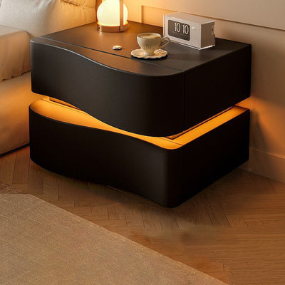 Table de chevet contemporaine en cuir de Napa créatif avec bois massif, métal, carré incurvé avec 2 tiroirs pour chambre 