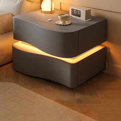 Table de chevet contemporaine en cuir de Napa créatif avec bois massif, métal, carré incurvé avec 2 tiroirs pour chambre 