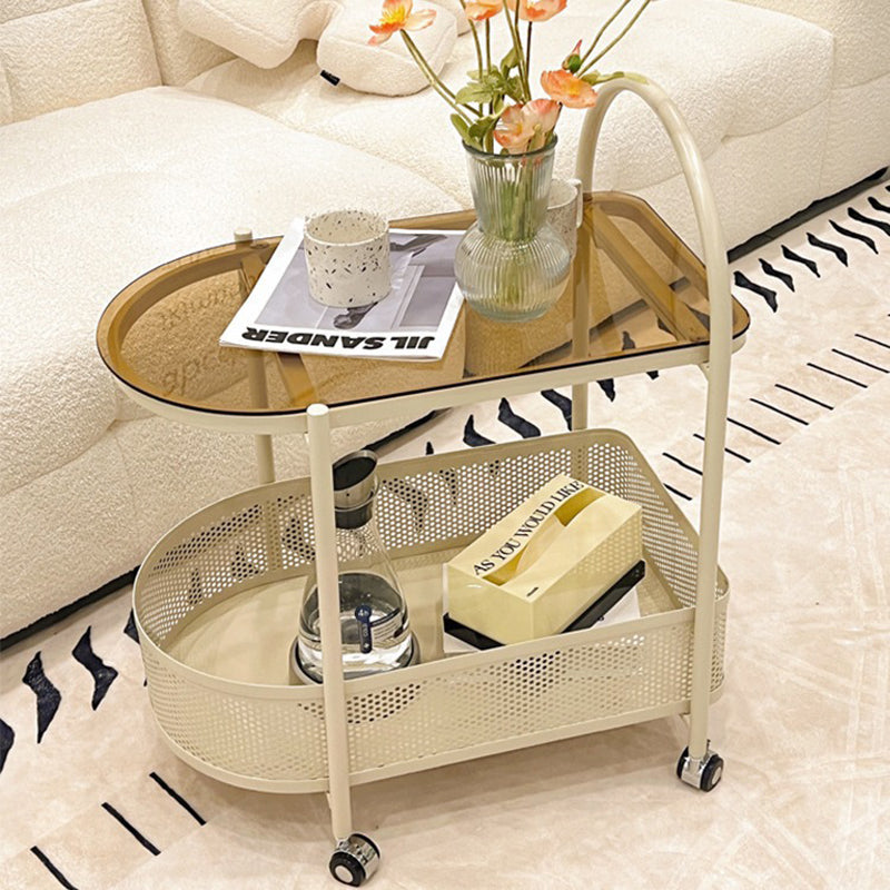 Contemporary Scandinavian Glass Iron Arched Mobile Side Table With 2-Tier For Living Room