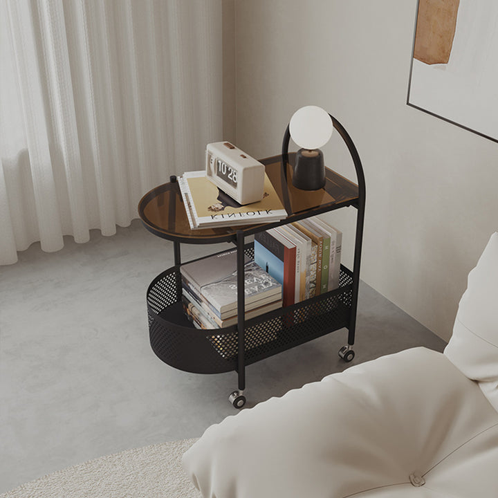 Contemporary Scandinavian Glass Iron Arched Mobile Side Table With 2-Tier For Living Room