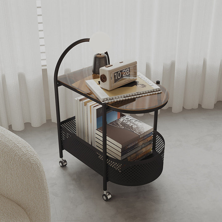 Contemporary Scandinavian Glass Iron Arched Mobile Side Table With 2-Tier For Living Room