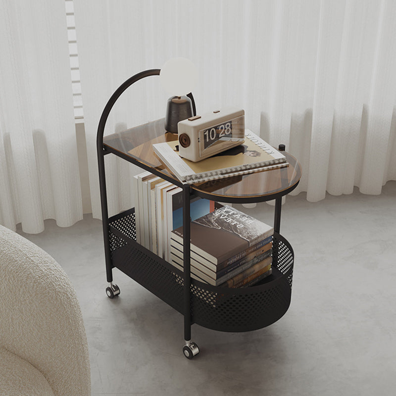 Contemporary Scandinavian Glass Iron Arched Mobile Side Table With 2-Tier For Living Room